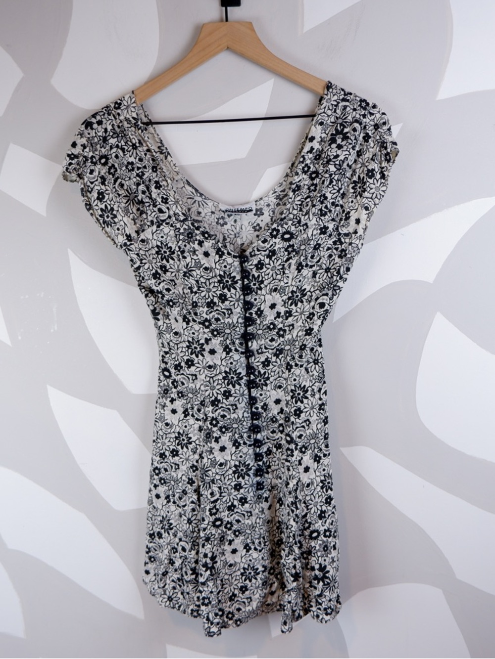 Vintage 90's Contempo Casuals Black and White Floral Button Mini Swing Dress | S